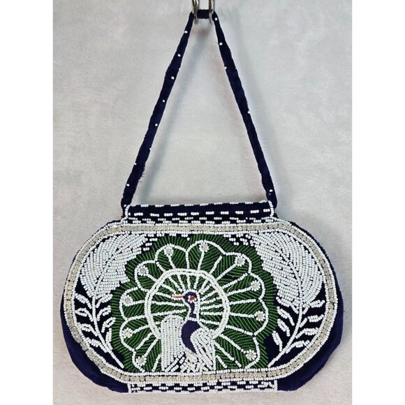 Vintage Navy Blue Velvet Beaded Clutch Handbag Peacock Evening Bohemian Exotic - Picture 1 of 9